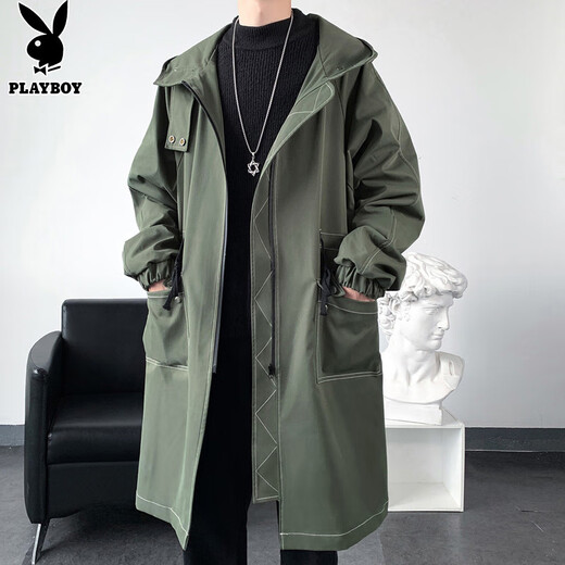 Playboy (PLAYBOY) windbreaker men's mid-length spring and autumn new high-end authentic trendy coat jacket men's hooded loose top men Z-401HHF262 black plus velvet L