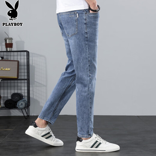 Playboy (PLAYBOY) jeans men's 2025 spring and autumn new trendy straight loose pants men's casual elastic Korean version of nine-point pants blue and gray X-6115HH9901 28