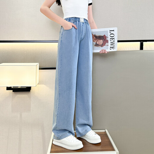 NICKYBABY girls' pants summer thin children's tensile soft jeans large children's summer ice silk straight wide-leg pants summer 15013 blue + 9922 white [set] 150