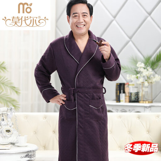 Modal mezzanine autumn and winter men's nightgown for middle-aged and elderly pure cotton thickened long winter large size warm middle-aged dad's pajamas A1049-Three-layer thickened cotton nightgown-no pills inside and outside 3XL (190) -
