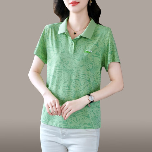 Shengyu ice silk lapel short-sleeved T-shirt for women in summer 2024 new trendy mother POLO shirt leads sports and casual top for women, leather powder XL (recommended 110-119Jin [Jin equals 0.5 kg])