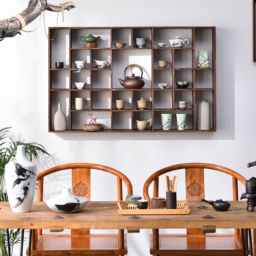 
YWZR Bo Ancient Shelf Solid Wood Chinese Wall-mounted Wall Solid Wood Duobao Pavilion Tea Cup Shelf Teapot Tea Set Storage Wall Heavy-burning Special-shaped 4839 grid Large size