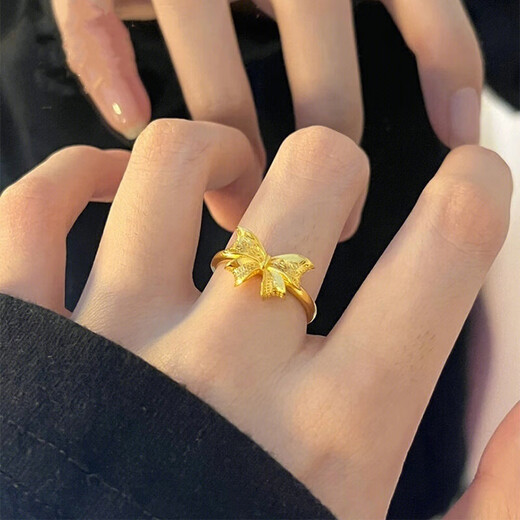 BXE Gold 9999 Bow Ring Fugitive Princess Live Ring Holiday Gift for Girlfriend or Wife Gold Bow Ring 1.56g