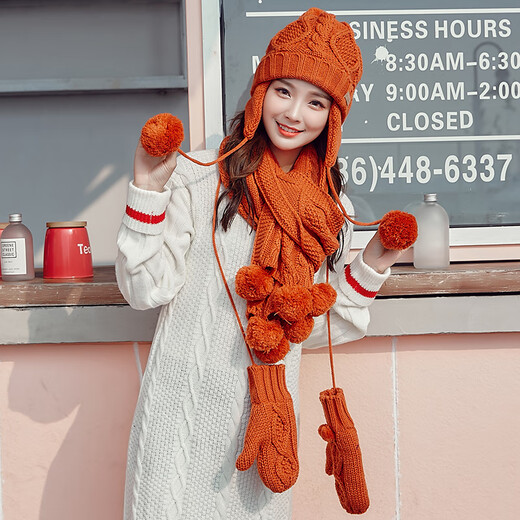 Kwoz hat scarf gloves three-piece set for female winter student cute Korean style trendy plus velvet warm birthday Christmas gift caramel color (gift bag)