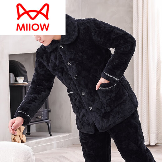 Catman (Miiow) Winter-Herren-Pyjama-Korallen-Samt dreischichtige Baumwolle verdickte Flanellherbst- und Winter-Heimkleidung warmes Set D9922 Blau [Plover] XL [120-140jin [Jin gleich 0,5 kg]]