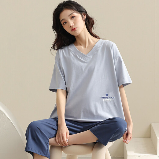 Aus dem Herzen reine Baumwollpyjamas für Frauen im Sommer kurzärmelige Hose dünne V-Ausschnitt Lose Frauenpyjamas Sommer-Freizeitkleidung C ha 684 m Frauen [High 150-160 Gewicht 80-100 Jin [Jin gleich 0,5 kg]]]