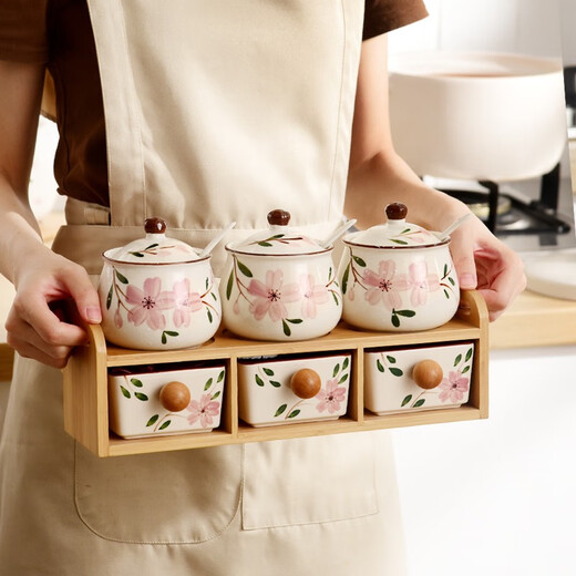 DuoMeiRan home kitchen seasoning box combination seasoning jar ceramic salt shaker seasoning jar set wooden frame double-layer seasoning bottle jar Sakura 7-piece set (wooden frame B3)
