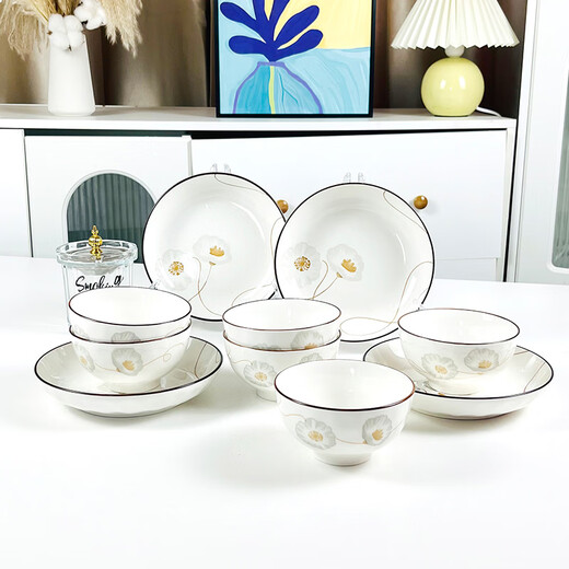 Sujiang tableware set household bowls and plates underglaze color plates and bowls internet celebrity plates microwave suitable tableware set Suijinghao (6 bowls and 4 plates) 10-piece set