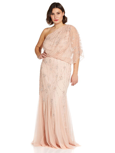 Adrianna Papell Women's One Shoulder Grecian Style Beaded Pleated Dress Dress Skin Tone 18