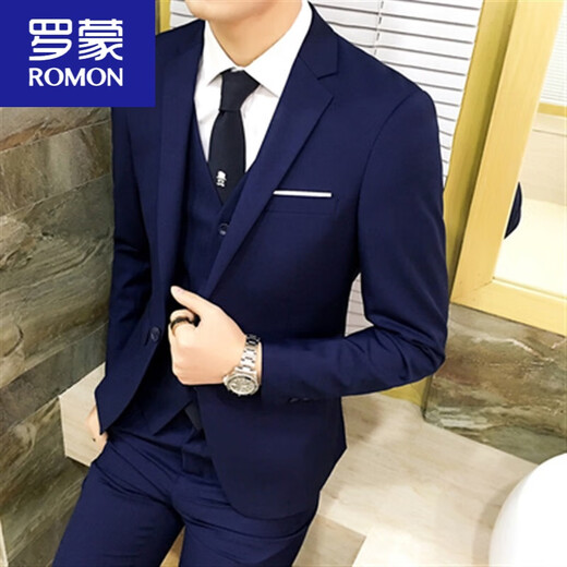 ROMON suit men's three-piece business formal suit professional suit groomsmen groomsmen wedding dress spring navy blue (suit + trousers) 2XL 130-145Jin Jin equals 0.5 kg