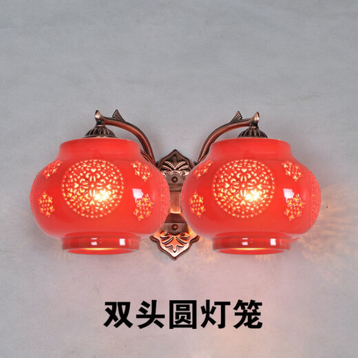 Yaotian New Chinese Style Red Festive Ceramic Wall Lamp Bedroom Bedside Lamp Foyer Entrance Aisle Balcony Fu Character Lantern Wall Lamp Single Head Long Red Lantern Free LED Warm Light