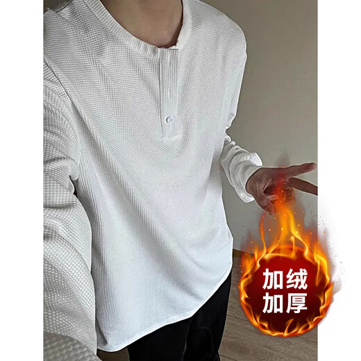 Digada American Henry collar waffle sweatshirt for men in autumn and winter plus velvet inner layering shirt casual long-sleeved T-shirt top CQS-1381 black plus velvet M