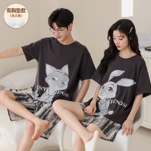 
Cat man Xinjiang cotton chest pad couple pajamas summer short-sleeved men and women's thin cute cartoon casual home clothing GEY-687 fox and rabbit M women's model [80-100Jin [Jin equals 0.5 kg]] (without breast pad)
