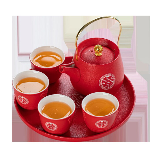 Chioti Wedding High-End Tea Cup Set Chinese Wedding Banquet Festive One Pot Four Cup Tea Set Including Tea Tray One Pot Four Cup + Tray-Wedding Gift Box