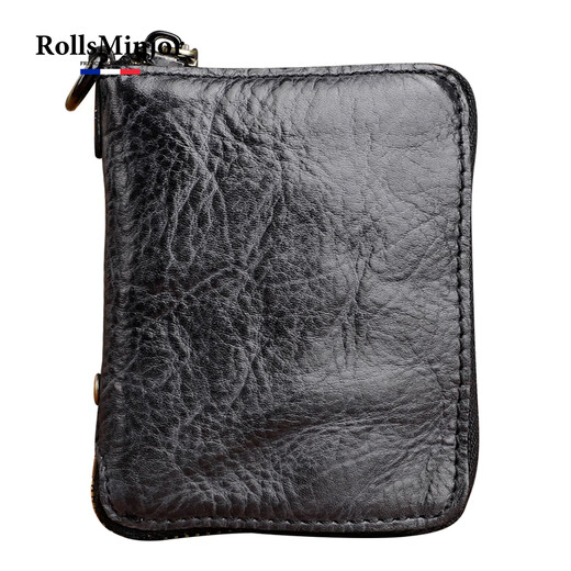 RollsMinjor genuine leather wallet men's short vertical handmade vegetable tanned head layer cowhide retro zipper wallet middle-aged and youth gift box Coffee color 9*2.5*12CM