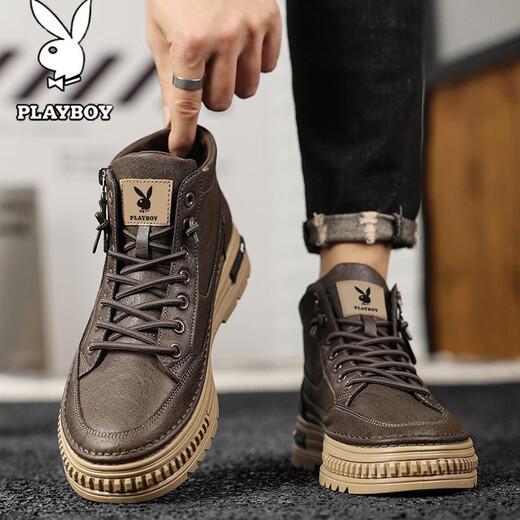 花花公子（PLAYBOY）鞋子男鞋高帮2025棉鞋秋冬季新款男士休闲皮鞋男加绒板鞋马丁靴男 棕色 CPL1253886 41