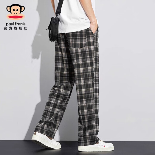 Big mouth monkey (paul frank) plaid casual pants for men in autumn and winter new style loose plus velvet thickened straight versatile sports fashion brand high street pants black 6632H official genuine XL recommended 125-140Jin Jin equals 0.5 kg