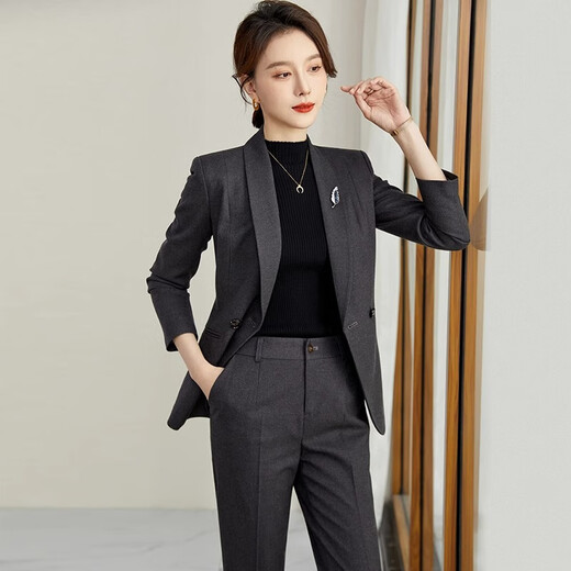 ROMON high-end professional suit, thickened formal suit, winter professional suit, fashionable commuting suit for women, navy blue suit jacket + trousers XL