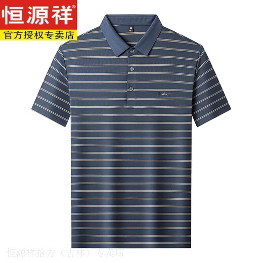 恒源祥桑蚕丝短袖T恤男士翻领夏季中年刺绣真丝条纹polo汗衫 13691#藏青 48/M 【建议100-120斤】