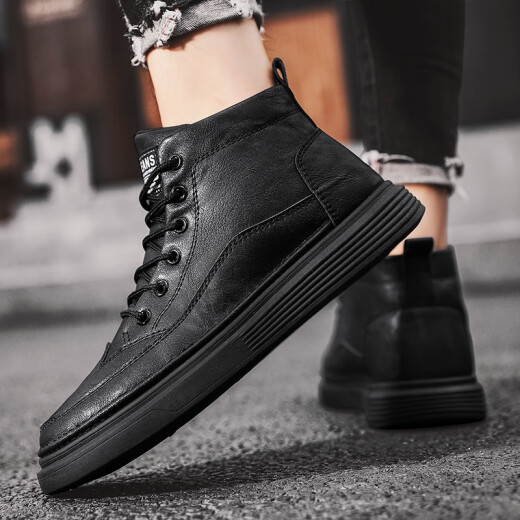 Delgado autumn and winter invisible inner height-increasing men's shoes leather mesh 8CM6 cm breathable high-top casual sneakers trendy shoes Korean version R612 black (6 cm height increase) 39