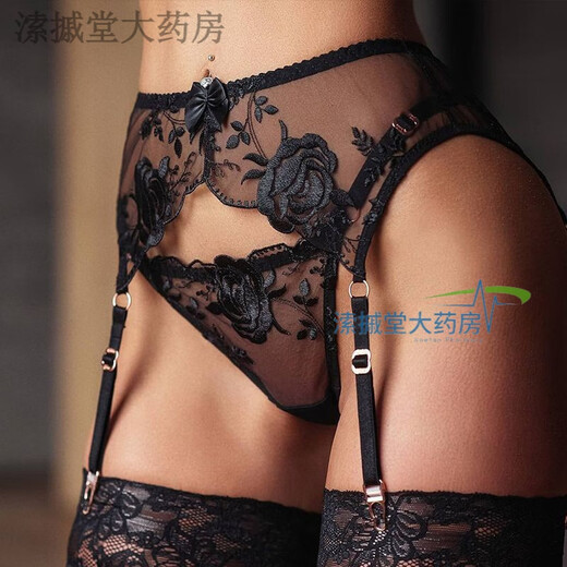 欧美性感女黑色蕾丝内衣刺绣黑玫瑰吊带袜薄款文胸吊袜带情趣套装 文胸+内裤+吊带袜 M(100-110斤)