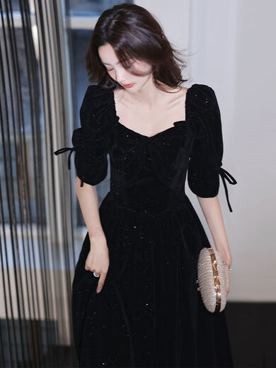 Gangdan black evening dress banquet evening dress 2024 new style elegant and slim annual meeting niche high-end dress dress black long XL