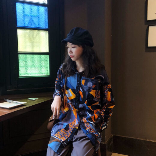 ZHIDOUDOU衬衫女春秋新款韩版宽松印花衬衣港味复古长袖衣外套 a 9712 S  收藏店铺ONG小礼物