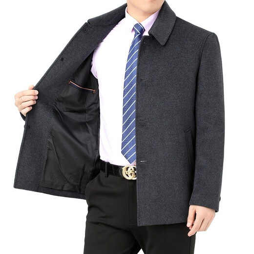 Pierre Cardin Cashmere Coat Men's New Middle-aged and Elderly Dad Solid Color Wool Wool Coat Men's Wool Coat Men (2021 Style) Blue Black (Exposed Button) Short L (175) Suitable for Weight 125-140Jin Jin is equal to 0.5 kg