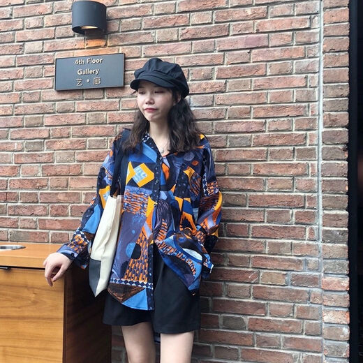 ZHIDOUDOU衬衫女春秋新款韩版宽松印花衬衣港味复古长袖衣外套 a 9712 S  收藏店铺ONG小礼物