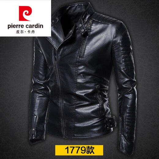 Pierre Cardin high-end brand men's leather jacket men's genuine leather sheepskin jacket stand-up collar diagonal zipper slim cycling jacket motorcycle jacket autumn and winter knitted elegant black 1779 main picture style stand-up collar velvet lining 2XL suitable for 141-155Jin Jin is equal to 0.5 kg