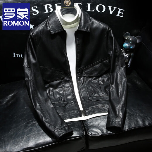 ROMON leather jacket men's trend Korean style slim and handsome motorcycle suit spring and autumn new casual lapel PU leather jacket green XL