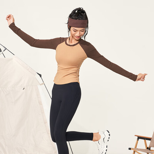 SPLAN wake-up plan tight long-sleeved yoga wear high-end velvet Pilates top quick-drying running sports fitness wear for women Wooden Stem Brown M