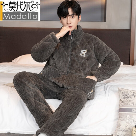 MODAL-Herren-Pyjamas in Winterbekleidung Wärme, verdickter Samtkorallen-Samt dreischichtige Baumwoll-Reißverschluss Flanell-Heimset N9904 Hellgrau Set l Gewicht (90-120jin [Jin entspricht 0,5 kg]))