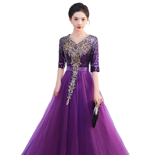 Li Baixin large choir performance clothing female adult host conductor stage performance clothing purple new evening dress banquet dress purple XL recommended 110-120Jin Jin equals 0.5 kg