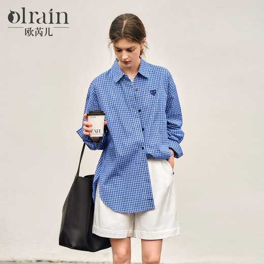 Olrain plaid shirt spring women's loose commuting lazy style MIU shirt tops blue plaid L