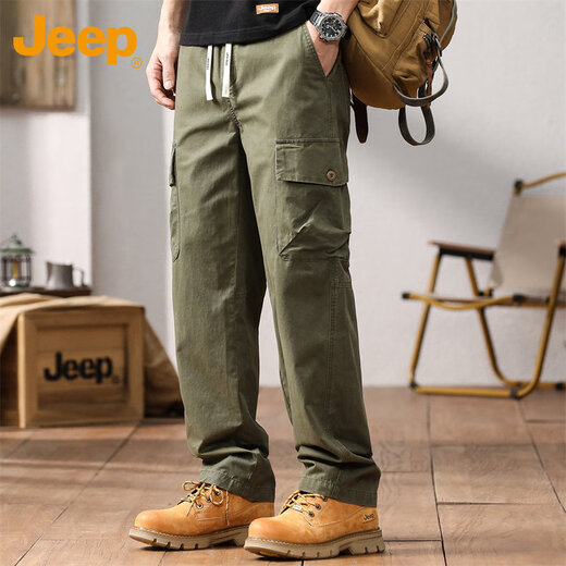 Jeep (JEEP) overalls men's autumn and winter casual pants men's loose trendy pure cotton straight-leg men's pants military green L