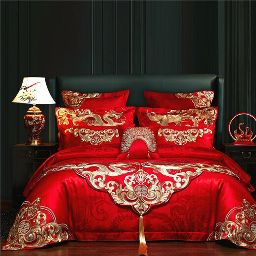 Jingga festive four-piece set high-end big red festive newlyweds embroidered cotton four-piece set six 8 more than ten pieces of weddings noble phoenix crown robe 80 cotton length 1.5 meters bed (suitable for quilt core 200*230cm)_c