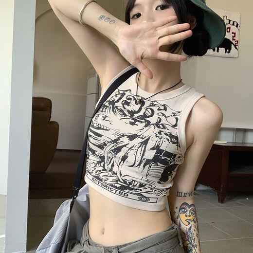 云大师美式辣妹复古工字针织吊带背心女夏遮副乳宽肩带无袖短款运动上衣 美式复古【杏色】 均码