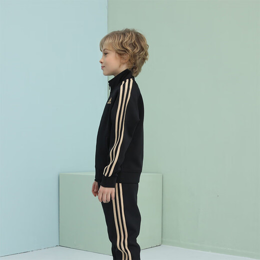 Adidas Chaqueta para niños Spring Cardigan para niños al aire libre Sports Versátiles versátiles de cuello negro/oro 128