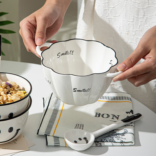 Persson double-ear ceramic bowl with spoon set soup bowl noodle bowl high-looking breakfast bowl smiling face 6-inch double-ear bowl + twisting spoon
