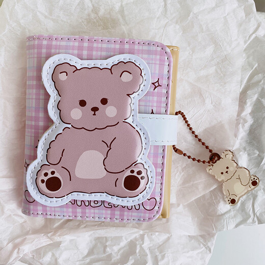 Shuguoer coréen ins simple petit dessin animé mignon ours de fraise courte portefeuille étudiante pliante pli pU sac de carte tripolaire blanc + ours pendentif