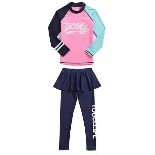 Yobel's new sun protection surfing suit for girls, medium and large children's swimsuit, long-sleeved wetsuit, split children's swimsuit suit, dark blue leaf five-piece suit XXL