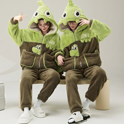 Jóvenes palabras de amor Pajamas en otoño e invierno, además de terciopelo engrosado para niñas, adolescentes, terciopelo de coral con capucha de ropa para el hogar de invierno ypf3895 dinosaurio macho XL (130-155Jin [Jin iguala 0.5 kg])