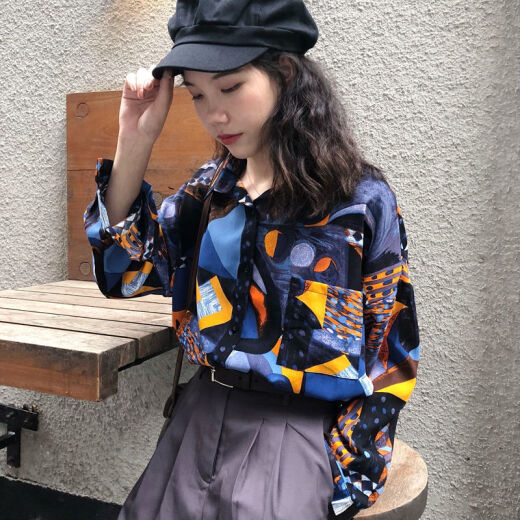 ZHIDOUDOU衬衫女春秋新款韩版宽松印花衬衣港味复古长袖衣外套 a 9712 S  收藏店铺ONG小礼物