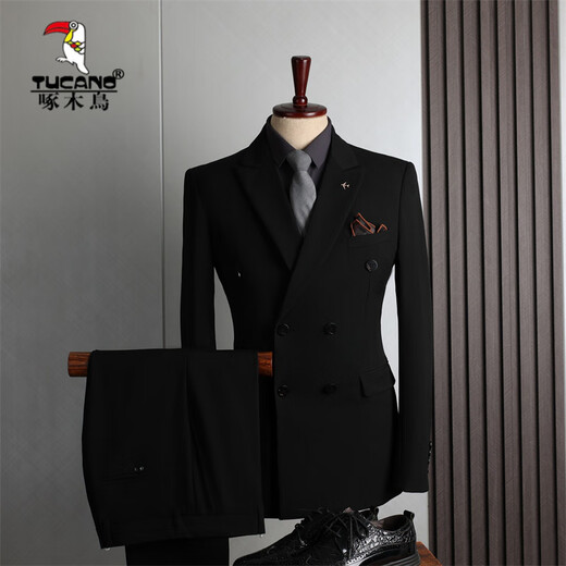 Woodpecker (TUCANO) double-row suit suit men's formal business casual fashion Korean version slim large size wedding small suit for men medium gray (suit + trousers) XL 52 (123-135Jin Jin equals 0.5 kg)