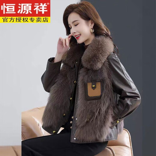 恒源祥海宁狐狸毛皮草外套真皮皮衣女2025年新款年轻款绵羊皮羽绒棉服 棕色 XL _90-115斤