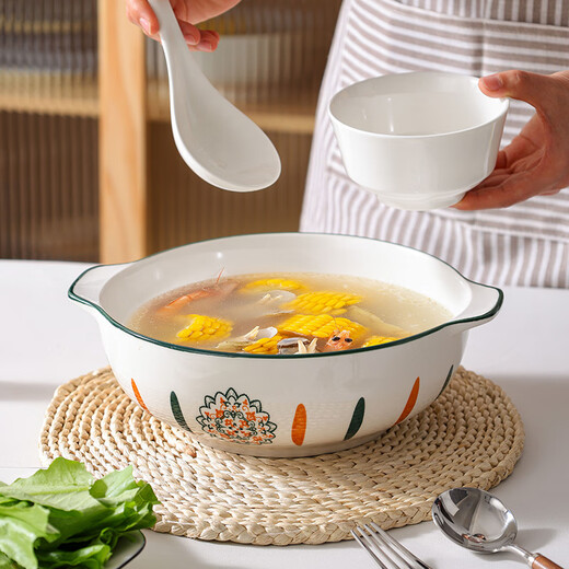 Chuanqi double-ear pickled fish bowl household large soup basin soup bowl boiled fish fillet hairy blood bowl with ears 10 inches green wood