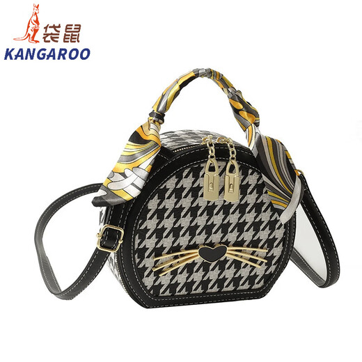 袋鼠（KANGAROO）千鸟格小圆包2024新款时尚百搭感小众圆形包手提斜挎小包包 KJ米白