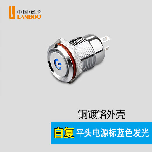 12mm metal button switch ultra-short self-resetting and self-locking optional customized waterproof with lights red, green, blue, yellow and white 24V220V 12B copper chrome-self-resetting-flat head power supply mark-blue light 5-24V