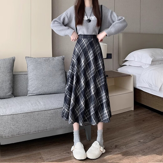 Miao Yijia Plaid Wool Skirt Winter Women's New Winter Skirt Long Skirt College Style Skirt A-Line Style and Versatile College Style Woolen Plaid Umbrella Skirt Blue Regular L Recommended 110-125 Jin Jin equals 0.5 kg